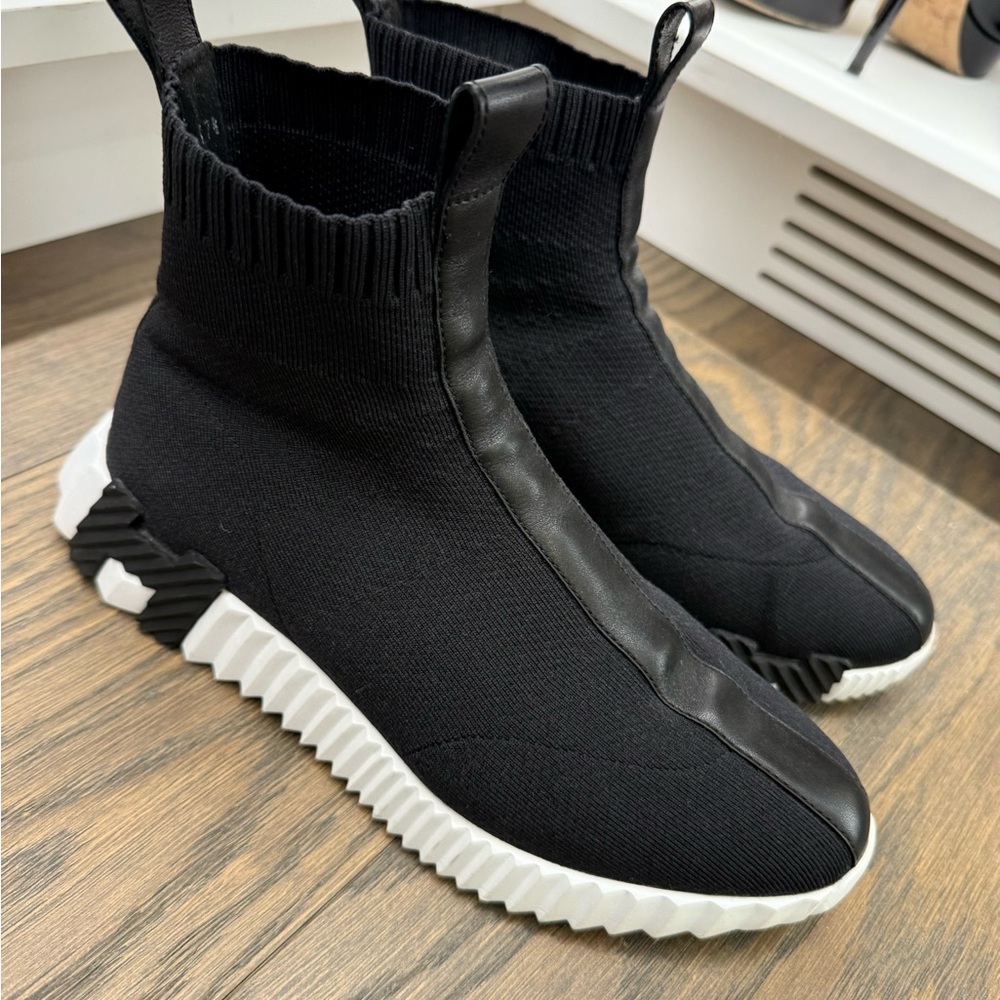 Authentic Hermes Black Sock Sneakers with White Soles